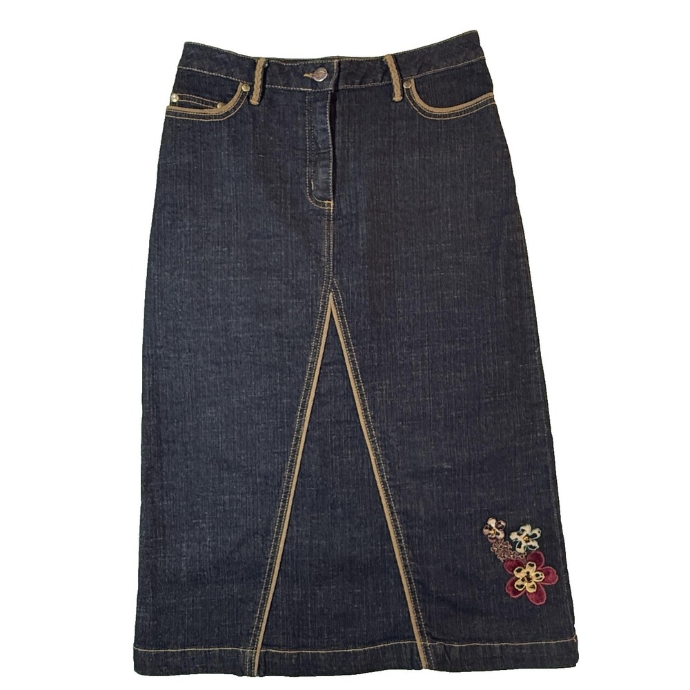 Votre Nom Y2K‎ Denim Maxi Skirt Womens 4 Dark Wash Embroidered Floral Boho Midi